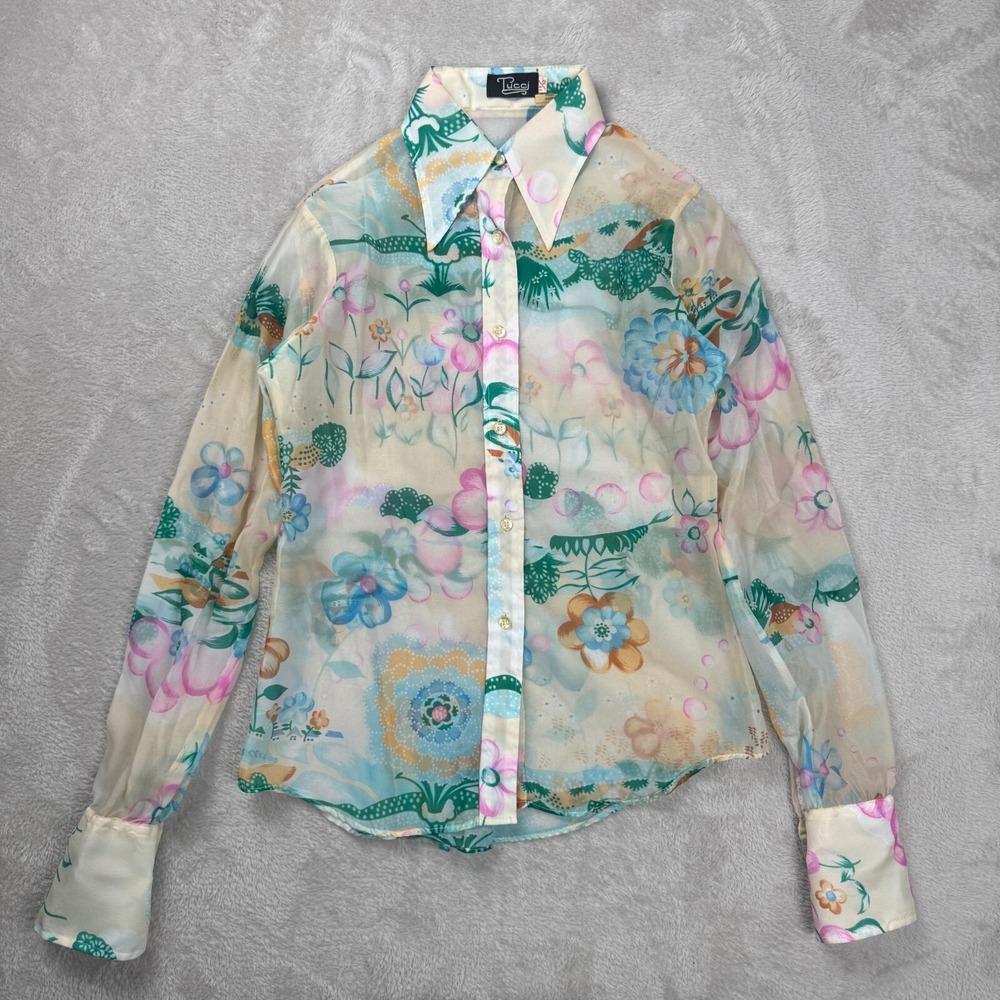 Vintage Tucci 80's Sheer Longsleeve Blouse Womens 11/12 Floral Print Preowned